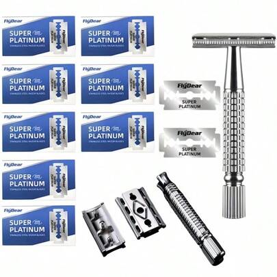 Double-Edged Metal Razor Traditional Men'S Double-Edged Razor Manual Beard Shaver Aluminum Alloy Handle Manual Old-Style Razor Men'S Double-Edged Razor, Suitable For 10 Occasions Perfect For Men'S Grooming, Essential Tool For Daily Shaving