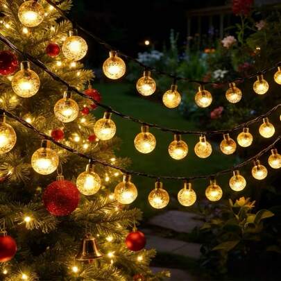 أضواء سلسلة شمسية بطول 12 متر/7 متر/5 متر مع 8 أوضاع وميض و 100/50/20 كرة فقاعية LED، بتصميم عصري، من مواد بلاستيكية، بوحدة تحكم، مناسبة لديكور الحديقة والكريسماس والزفاف وأعياد الميلاد والمناسبات