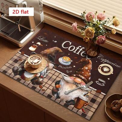 1件装咖啡机垫，餐具沥水垫，咖啡主题矮人图案，聚酯纤维材质，高吸水性，防滑底背，适用于厨房餐具沥干、房间装饰，是家居礼品和房间装饰的理想之选。