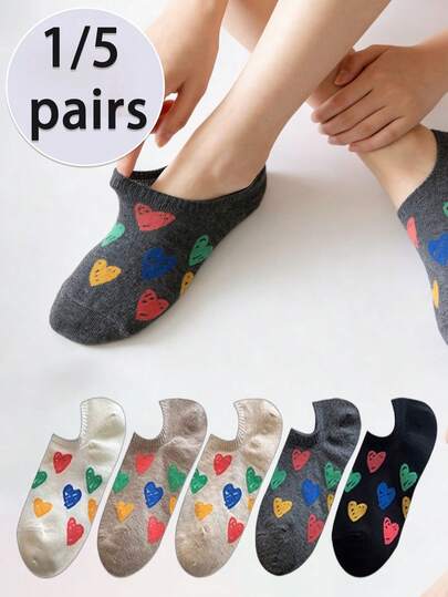1/5 双随机颜色心形柔软透气甜美船袜，适合女性日常穿着。