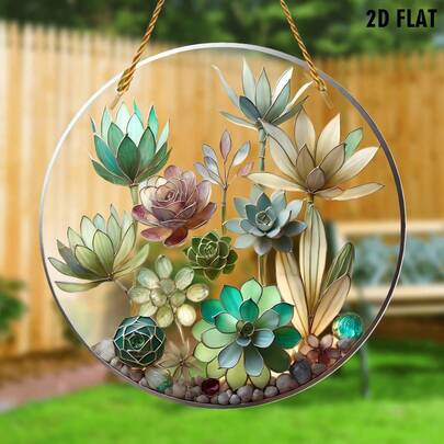 1pc 2D Flat Succulent Plant Garden Acrylic Dreamcatcher/Pattern Wall Decor, No Power Needed, Mother's Day/Father's Day Gift, Home Garden Decor, Indoor Outdoor Decoration, Suitable For Porch, Wall Art, Holiday Decor And Gifts, 2D Flat No Electricity Required