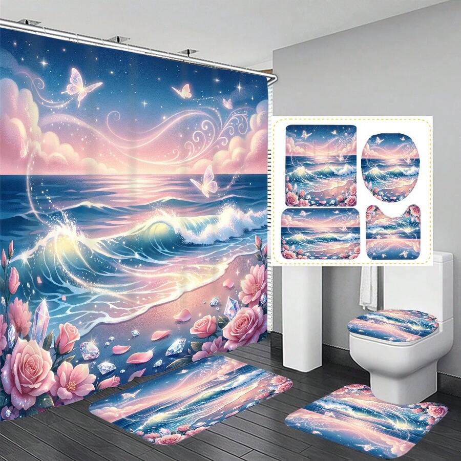 Conjunto de cortina de chuveiro multifuncional com estampa de paisagem de praia, diamantes florais e borboletas (1 peça/4 peças), 12 ganchos inclusos, elegante e com atmosfera de férias, tapete de banheiro, tapete para vaso sanitário em formato de U e tapete para vaso sanitário redondo, adequado para todos os ambientes de banheiro. - D - Ver 1