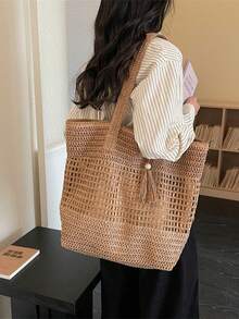 新款纯色编织耐用轻便便携经典休闲时尚多功能舒适大容量手提包，适合购物、旅行、度假及各种场合。 - 彩色 - 查看 4