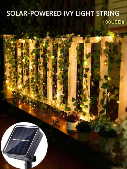 1pc 100LED/50LED/20LED Solar Powered Ivy Lights, LED Green Leaf Solar Lights, Solar Powered Green Leaf Fairy Lights, Solar Powered LED Artificial Green Leaf Vines, Spring Decor, Multi-Function Lighting Modes, Solar Powered, Warm Light String, Yard Decor, Suitable For Garden, Patio, House, Party, Outdoor, Holiday, Birthday, Party