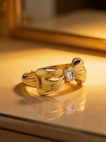 Women's Gold Bowknot Ring, Delicate Cubic Zirconia Accented Fashion Ring, Minimalist Cute Daily Wear Promise Ring Gift - Gold - View 3
