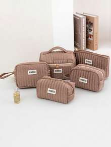 1pc/5pcs Fashionable High-End Rhombus Pattern Travel Makeup Bag, Portable Travel Toiletry Bag, Solid Color Sequin Cosmetic Bag, Portable Storage Pouch, Travel Essential Storage Bag, Back To School Supplies, Soft Fabric Makeup Bag, Fashionable Women Wallet And Handbag, Suitable For Home, Travel, Vacation And School, Bedroom Essential, Bridesmaid Gift, Mother's Day Gift, Birthday Gift - Mocha Brown - View 2