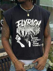 Men's Sleeveless T-Shirt With Rich Letter Slogan & Money Hand Graphic, Casual Fitness Street Fashion Muscle Tank Top, Soft Touch, Summer - Black - View 2