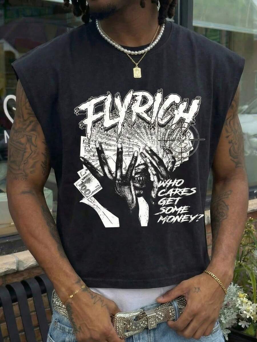 男士无袖T恤，饰有醒目的字母标语和手形钞票图案，休闲健身街头时尚肌肉背心，触感柔软，夏季款 - 黑色 - 查看 1