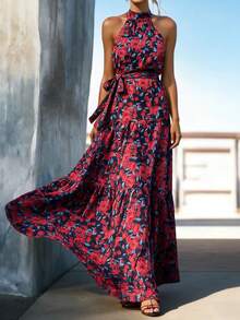 IGKEEL 女士夏季连衣裙，女士长裙，印花吊带系带连衣裙，适合度假/派对/假日，女士优雅度假装扮 - 藏蓝色 - 查看 10