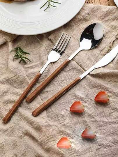 3件套仿木柄刀叉勺套装，不锈钢牛排餐具套装，日式风格