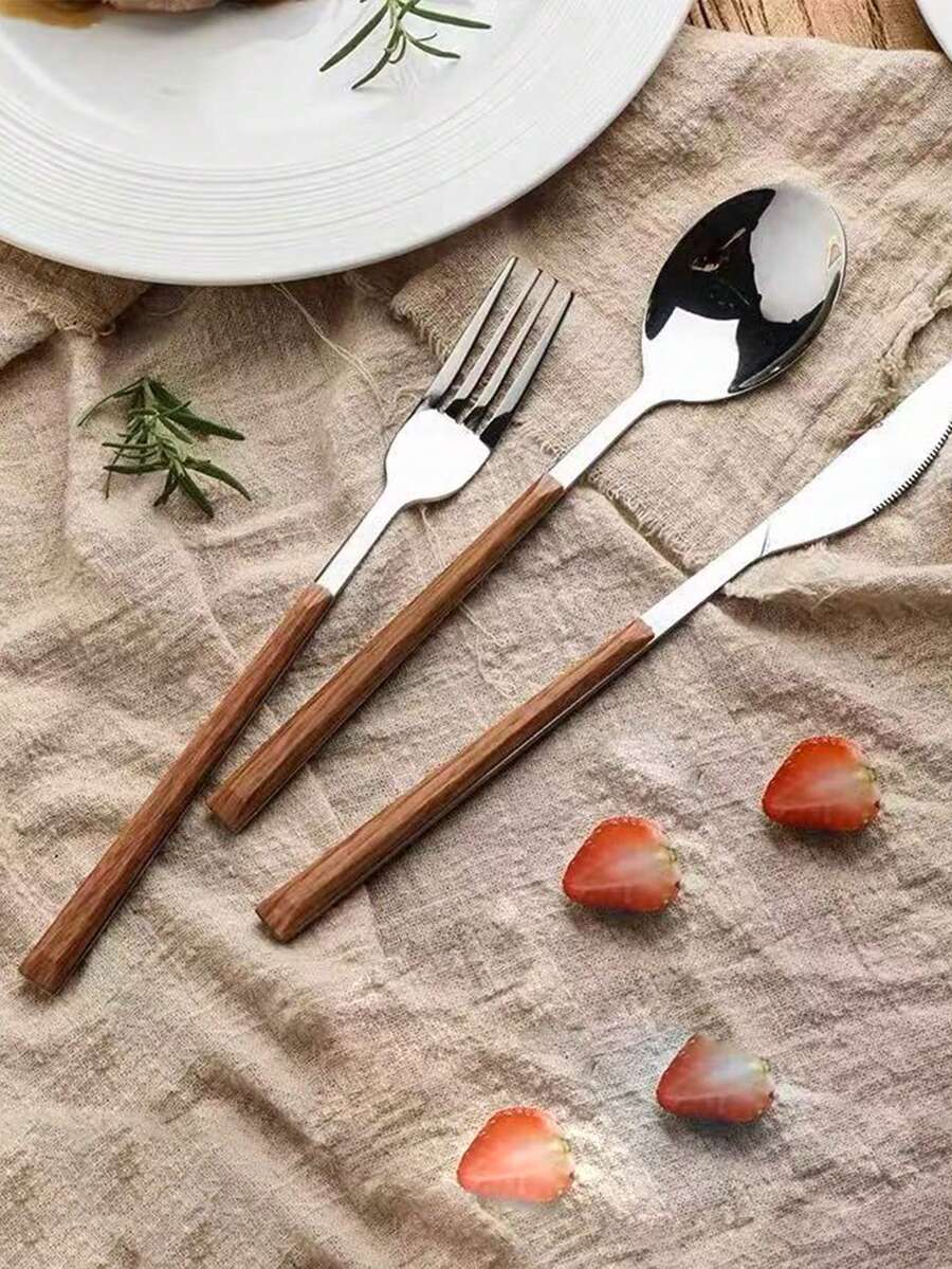 3pcs Faux Wooden Handle Knife, Fork And Spoon Set, Stainless Steel Steak Cutlery Flatware Set, Japanese Style - Brown - View 1