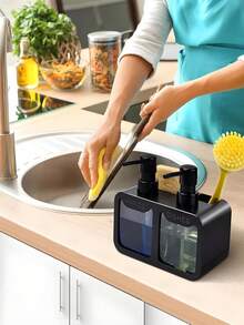 1 Set Black Soap Dispenser With Storage, Modern Style Liquid Soap And Dish Soap Pump Dispenser Set, Includes Sink Organizer Brush And Sponge Holder - Dispensing Bottles - View 3
