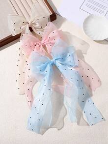1pc Girls' Sweet Polka Dot Mesh Bow Ribbon Hair Clip, Versatile Daily Wear - Multicolor - View 3