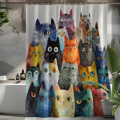1pc Cute Cartoon Cat Pattern Printed Shower Curtain, High Quality Home Decor Curtain, Modern Versatile Bathroom Accessory, All Season Shower Curtain With 12 Hooks