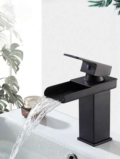 1 pieza Grifo de cascada negro moderno, instalación de un solo orificio en encimera de acero inoxidable 304, cartucho cerámico, acabado con recubrimiento en polvo, salida de agua caliente y fría, adecuado para lavabo de baño