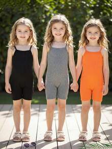 3pcs/Set Young Girls Fitted Casual Solid Ribbed Camisole Jumpsuit Outfit - Multicolor - View 2
