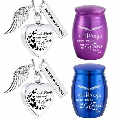 两件套心形骨灰盒项链，小型骨灰盒，可存放人类/宠物骨灰，可作为纪念品分享骨灰盒，纪念骨灰盒。你的翅膀已准备就绪，但我的心却未准备好。