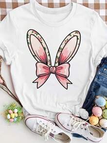 Camiseta floral holgada de verano para mujer con orejas de conejo y lazo rosa, camiseta estampada para mujer, top versátil de manga corta, camiseta de manga corta cómoda y transpirable, diseño clásico de cuello redondo, adecuada para el uso diario, citas o ropa casual. - Blanco - Ver 1