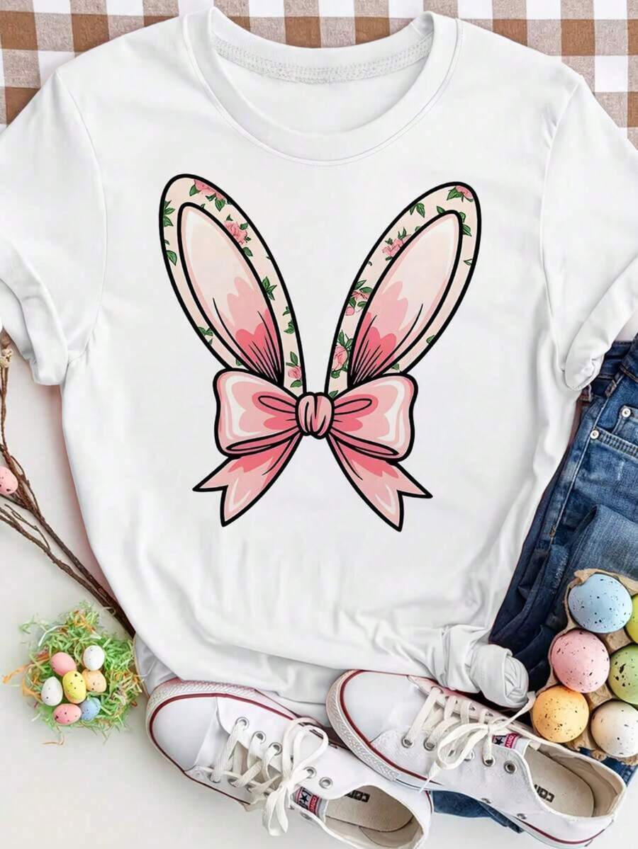 Camiseta floral holgada de verano para mujer con orejas de conejo y lazo rosa, camiseta estampada para mujer, top versátil de manga corta, camiseta de manga corta cómoda y transpirable, diseño clásico de cuello redondo, adecuada para el uso diario, citas o ropa casual. - Blanco - Ver 1