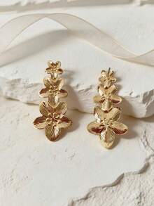 1 par de pendientes vintage con diseño desgastado de parches, trébol, flecos y flores, de estilo europeo y americano a la moda para el día a día - Pendientes de borlas con flores - Ver 4