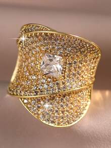 1枚华丽宽大立方氧化锆戒指，适合女性佩戴，可用于婚礼、订婚、周年纪念、派对、情人节等场合，也可作为礼物送给妈妈、母亲、母亲节等。 - 金黃色 - 查看 5
