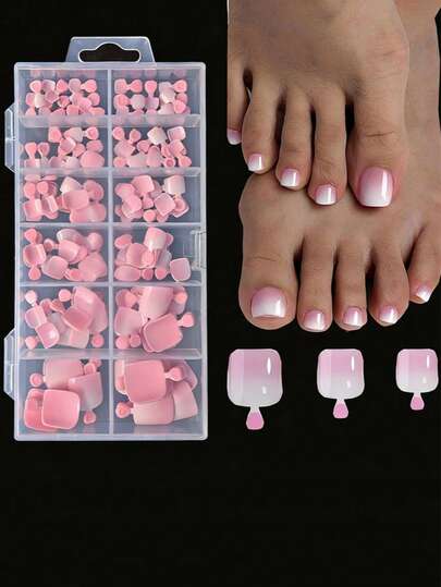 Toe Nail Press Ons, French Tips Toe Press On Nails, 120pcs Square Pre-Designed Soft Gel Thick False Toenail Extension, Berry Pink Full Cover Acrylic For DIY 12 Sizes