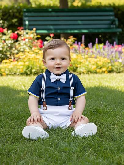 BOARNSEORL Baby Boys 2pcs Gentleman Outfit - Blue Short Sleeve Shirt With Bow Tie And White Suspender Pants, Fashionable, Elegant, Suitable For Birthday Party, Family Gathering, Wedding Pageboy