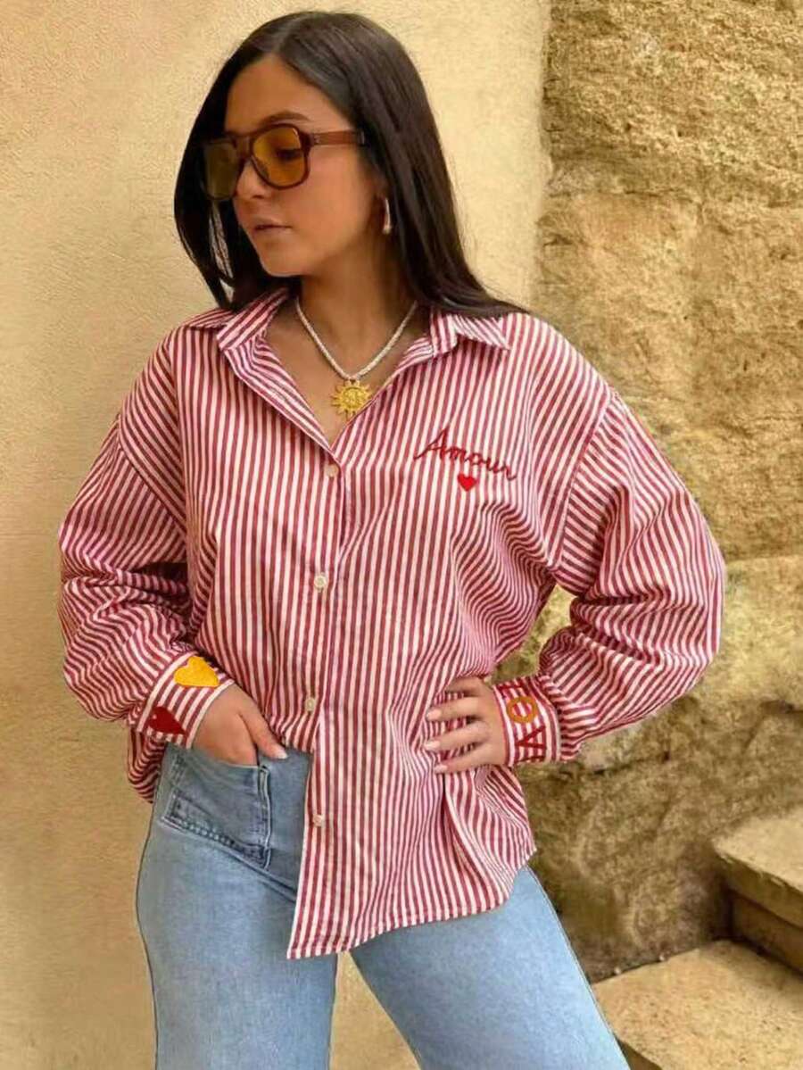 Women's Striped Letter Embroidered Button-Front Shirt Spring - Red - View 1