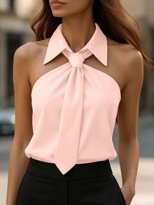 Áo nữ kiểu dáng thanh lịch, đa năng, màu trơn, cổ ve áo, thắt eo, cổ yếm, hở vai, không tay, thích hợp cho mùa xuân hè. - Hồng - Xem 3