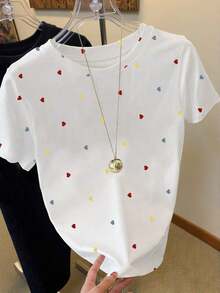 Camiseta de mujer con estampado completo de corazones coloridos sobre fondo blanco, estilo lindo, adecuada para el verano, camiseta a la moda, camiseta hermosa, regalo para hermanos y hermanas, regalo para hermanas, regalo para mamá, regalo para el Día de la Madre, top casual a la moda. - Colores mixtos - Ver 4