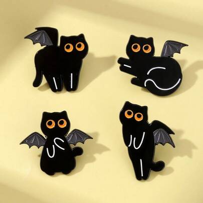 4枚男士金属卡通黑猫带翅膀胸针，可爱创意姿势趣味卡通猫徽章，百搭日常服饰配饰