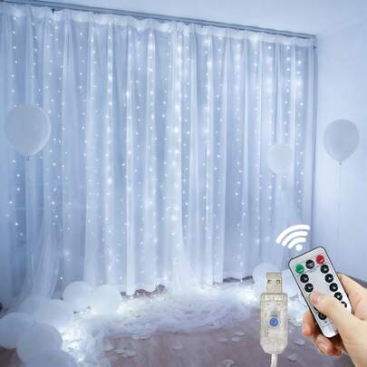 Đèn rèm LED, đèn trang trí phông nền đám cưới lãng mạn, nguồn USB, 8 chế độ chiếu sáng, có điều khiển từ xa. Đèn rèm LED vòng hoa Giáng sinh, đèn trang trí cửa sổ phòng ngủ, đèn trang trí phông nền sân khấu, đèn ngày lễ, thích hợp cho Halloween, Giáng sinh, Ngày Valentine, Mùa thu, Mùa hè, Sinh nhật, đèn trang trí tiệc cưới.