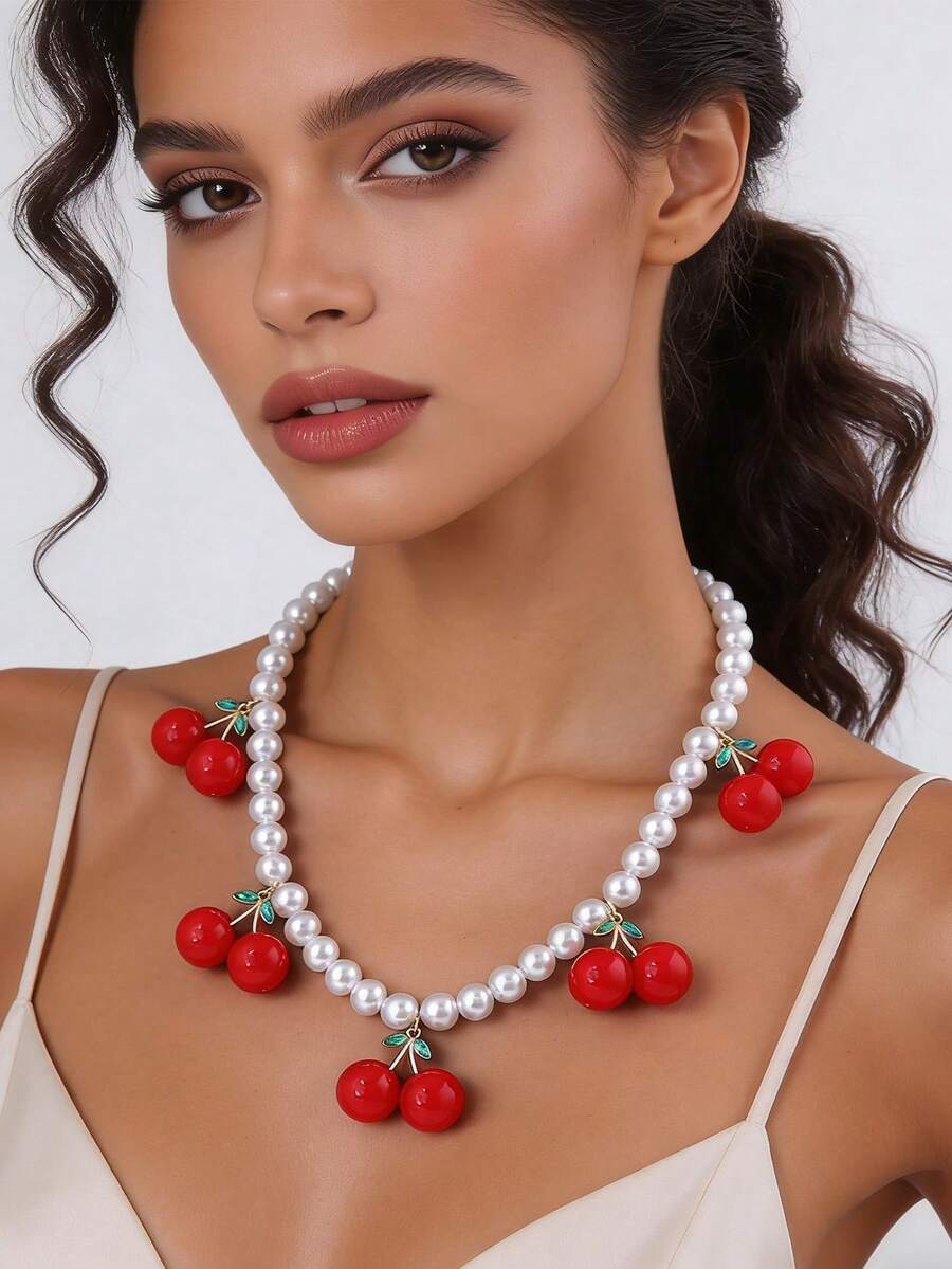 1件装时尚简约仿珍珠水果樱桃项链，百搭优雅女士项链饰品 - 清新櫻桃項鍊 - 查看 1