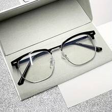 Retro Half-Gold Frame Fashion Glasses Men, Suitable Mobile Phones And Computers.Classic And Simple Design, Combining Eye And Decoration, Suitable Both Men And Women - 亮黑色(金色) - 查看 2