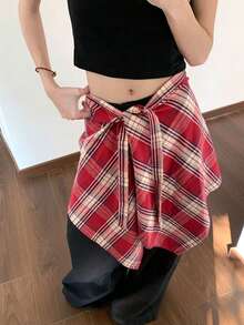 美式复古不规则格子拼接遮臀半身裙 女式时尚百搭提臀迷你裙 适合Y2K街头服饰 - 彩色 - 查看 10