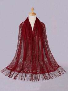 1件镂空蕾丝流苏围巾/披肩/沙滩巾 - 酒紅色 - 查看 2