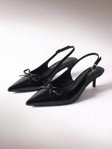 Women's Slingback Kitten Heels, Pointed Toe 2.17" Low Heel With Bow - Comfortable All Day Wear Dress Pumps For Wedding & Formal Occasions - màu đen - Xem 1