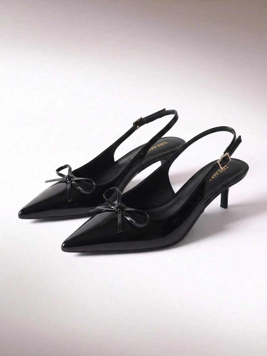 Women's Slingback Kitten Heels, Pointed Toe 2.17" Low Heel With Bow - Comfortable All Day Wear Dress Pumps For Wedding & Formal Occasions - màu đen - Xem 1