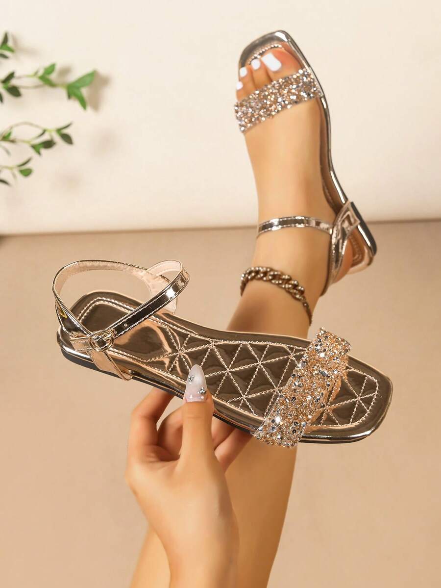 1 đôi sandal dự tiệc đi biển bằng da PU đính pha lê, phù hợp cho mọi mùa. - Vàng - Xem 1