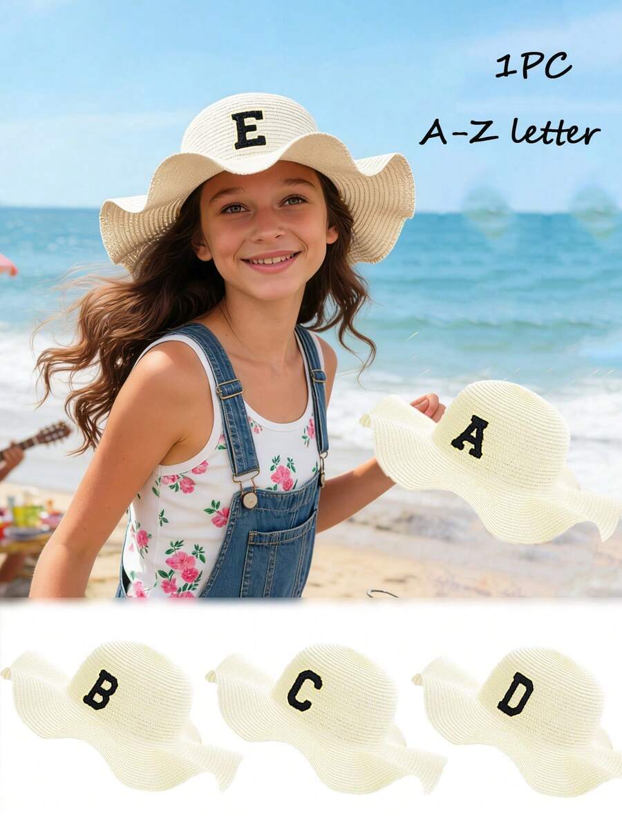 1顶26字母男女通用儿童/婴儿纯色草帽，防晒休闲帽，适合春、夏、秋季 - 白色 - 查看 1