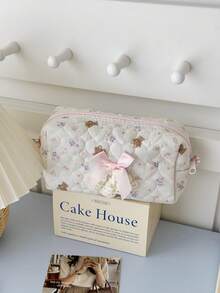 泰迪熊甜美蕾丝蝴蝶结化妆包，柔软面料，可爱甜美风格，适合日常使用、居家、旅行，男女通用洗漱包 - 彩色 - 查看 5