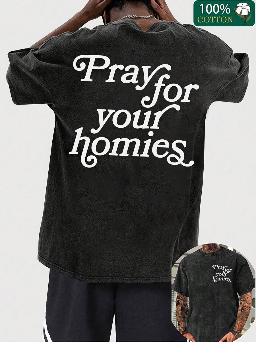 1pcMen'S Vintage Christian Faith T-Shirt With "Pray For Your Homies" Back Print - Casual Round Neck Tee For Casual Attire, Church Events & For Sports - Machine Washable All-Season Fit Brown Shirt With Letteringgraphic Tees Men Summer Outfits - 黑色 - 查看 1