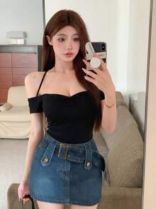 Sexy Off Shoulder Cropped Top, Unique Delicate Spaghetti Strap Clavicle Short Sleeve T-Shirt Black Summer - Black - View 1
