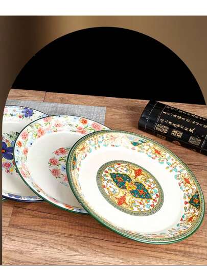30cm Round Serving Platter, Versatile Kitchen Tool For Pasta, Salad, Dessert And Sushi, Suitable For Cookies, Dining, Family Gathering, BBQ, Baking - Durable All-Season Baking & Dining Accessory, Great Christmas Gift For Friends And Family. Enamel Coated Thick Tea Tray, Multiple Floral Patterns, High-Quality Enamel Tea Set