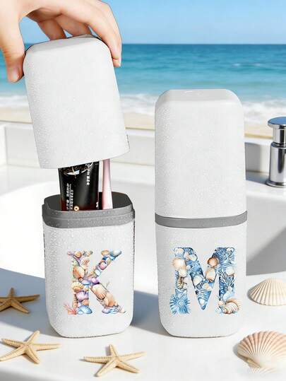 Portable Travel Toothbrush Box, Printed With Starfish And Shell And Ocean Element Pattern Design Letters A-Z , Bathroom Accessories,Outdoor Travel Toothbrush Toothpaste Storage Boxes,Letter Series Print Dust-Proof Organizer Case,Travel Essentials,School Back To School School Supplies,Bathroom Accessories, Household Items, And Storage Supplies,Essential For Beach Vacation,Camping Holiday Essentials,Vacation Mini Summer Supplies