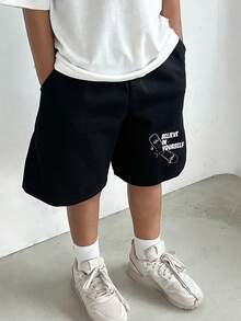 男大童字母圖案短褲 - 黑色 - 查看 3