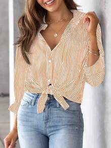 Women's Oversized Striped Long-Sleeve Comfortable Shirt - 橘色 - 查看 6