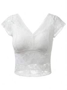 Sexy Lace V-Neck Cropped Camisole, Slim Fit Hollow Out Cap Sleeve Lightweight Top - White - View 6