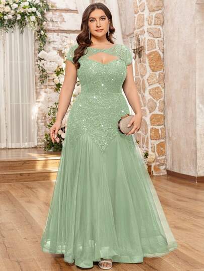 Elegant Sweetheart Neck Sequin Floral Lace Contrast Mesh Ruffle Hem Maxi Dress, Suitable For Evening Gala, Homecoming, Wedding Guest, Birthday, Graduation Ceremony And Other Occasions Summer