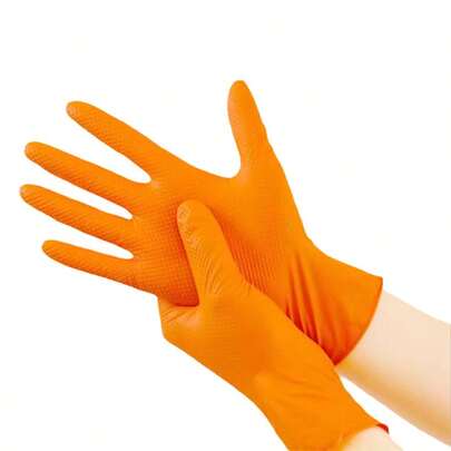 100 piezas Guantes desechables de nitrilo naranja | Tallas S M L, ajuste cómodo, sin látex/sin polvo, ideal para mecánicos, artistas de tatuajes y limpiadores. Guantes negros de trabajo de mecánica y jardín. Guantes con patrón de diamante negro y rosa.
